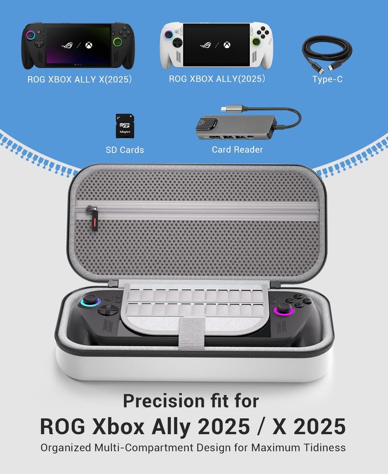 CoBak حقيبة حمل صلبة لجهاز ASUS ROG Xbox Ally و ROG Xbox Ally X 7" 2025 - مجموعة ملحقات 3 في 1 مع 2 واقي شاشة، 4 أغطية قبضة إبهام، 22 علبة بطاقة SD، حقيبة سفر محمولة، بيضاء - Image 2